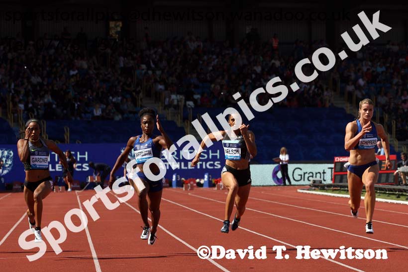 English Gardner (USA) wins the womens 100 metres final from Dafne Schippers (NED) and Tianna Bartoletta (USA), IAAF Diamond League, Birmingham. Photo: David T. Hewitson/Sports for All Pics